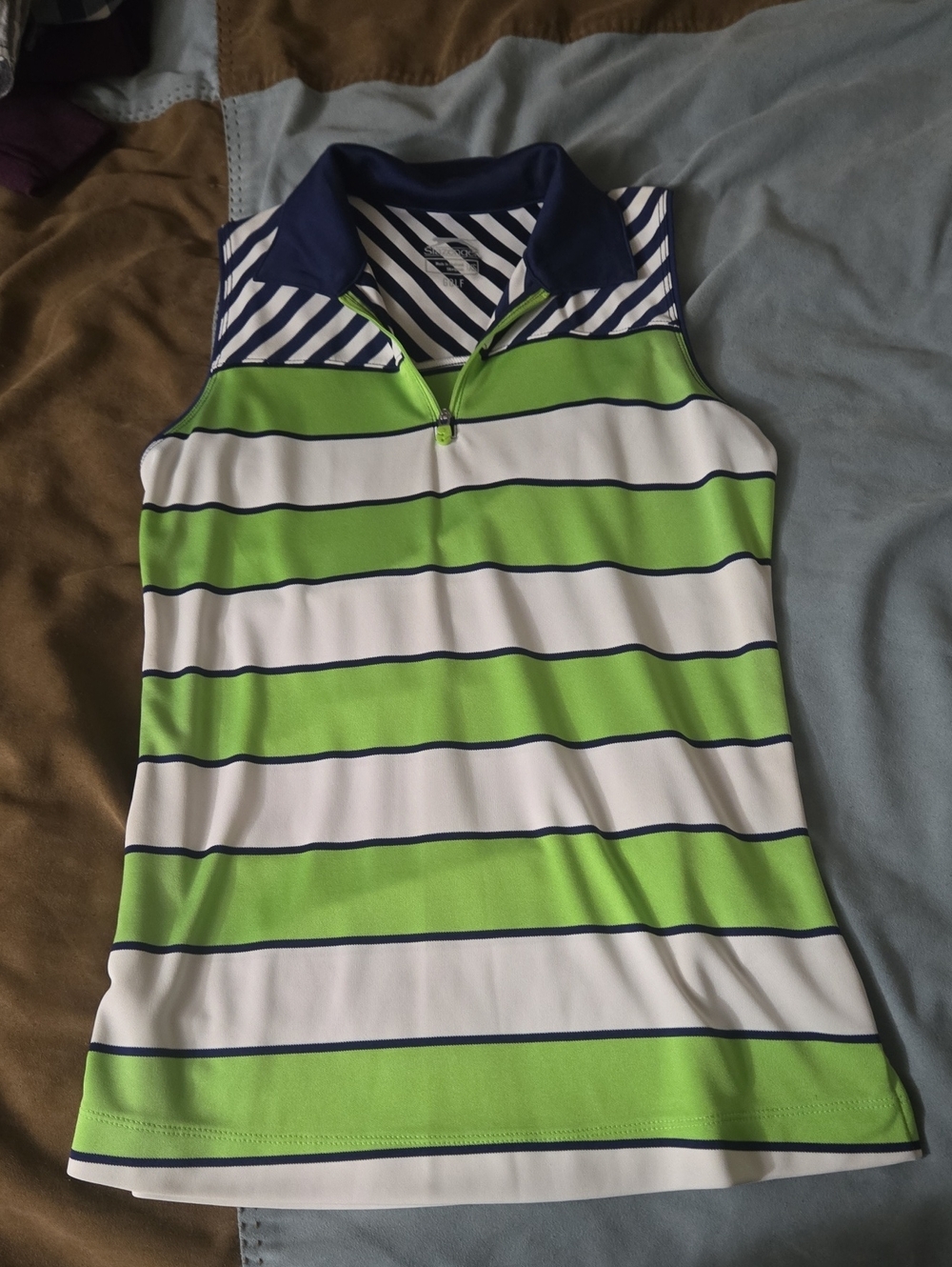 Slazenger Green White and Navy Striped Sleeveless Polo